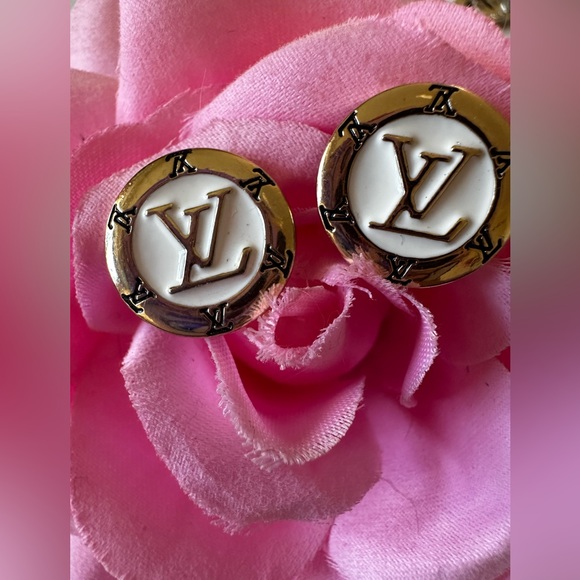 Louis Vuitton Gold White Button Metal Charm Stud Earrings - Picture 5 of 9